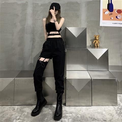 High Waist Plain Cutout Cropped Loose Fit Cargo Pants