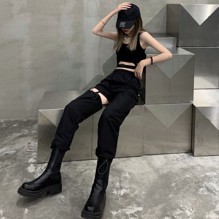 High Waist Plain Cutout Cropped Loose Fit Cargo Pants
