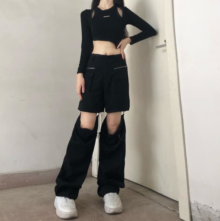 Mid Waist Plain Cutout Buckled Loose Fit Cargo Pants
