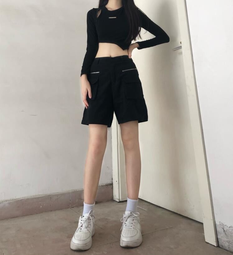 Mid Waist Plain Cutout Buckled Loose Fit Cargo Pants