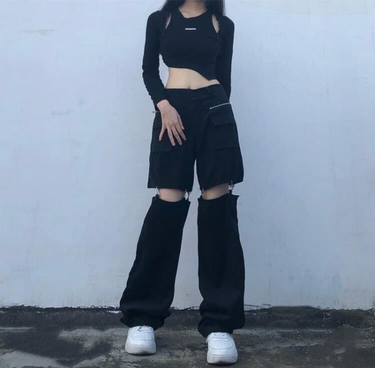 Mid Waist Plain Cutout Buckled Loose Fit Cargo Pants