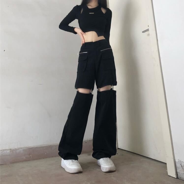Mid Waist Plain Cutout Buckled Loose Fit Cargo Pants
