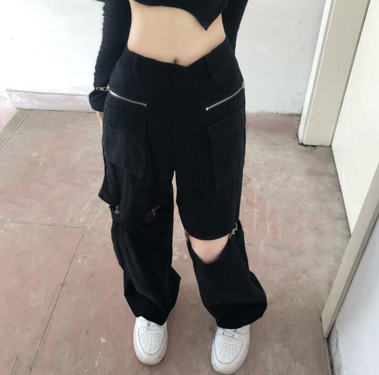 Mid Waist Plain Cutout Buckled Loose Fit Cargo Pants