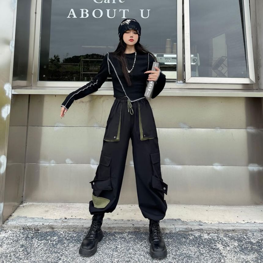 High Waist Two Tone Cropped Harem Cargo Pants