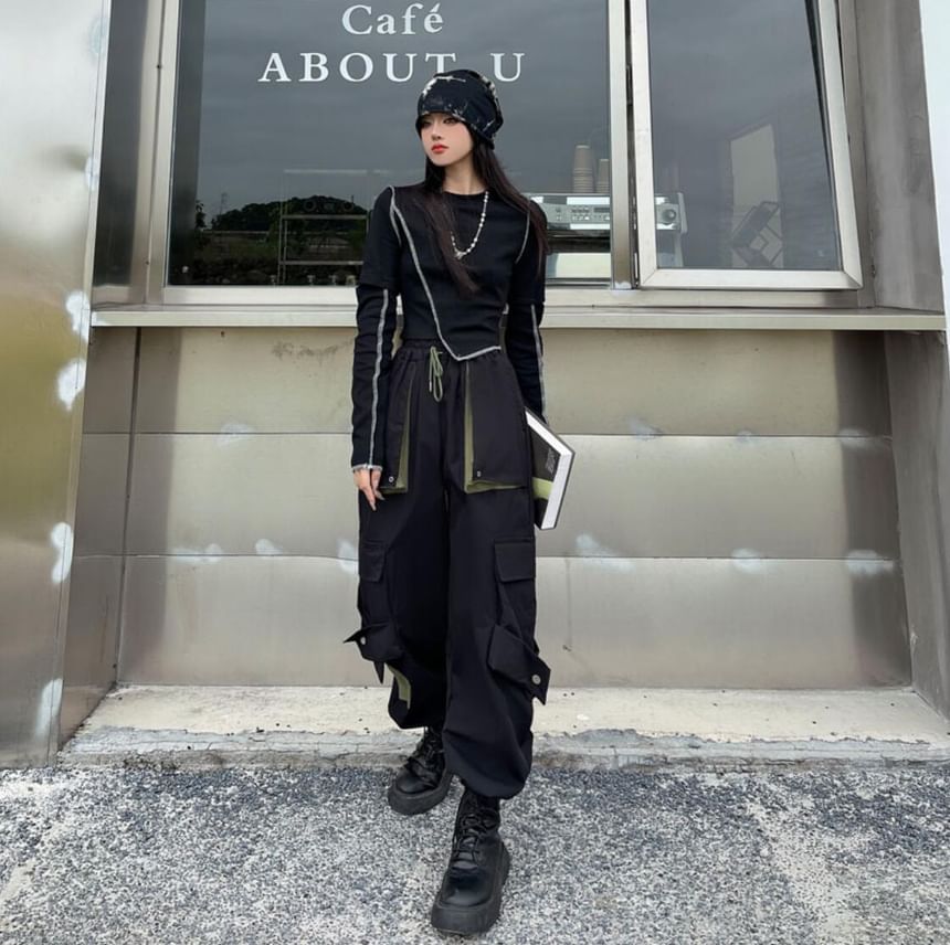 High Waist Two Tone Cropped Harem Cargo Pants
