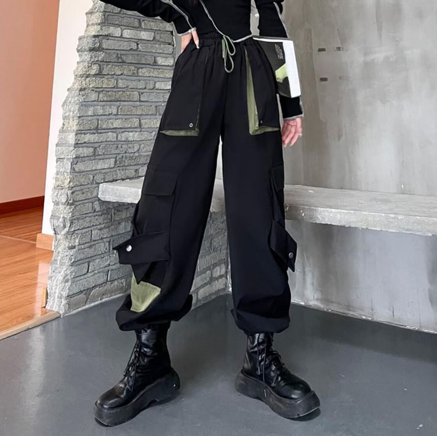 High Waist Two Tone Cropped Harem Cargo Pants