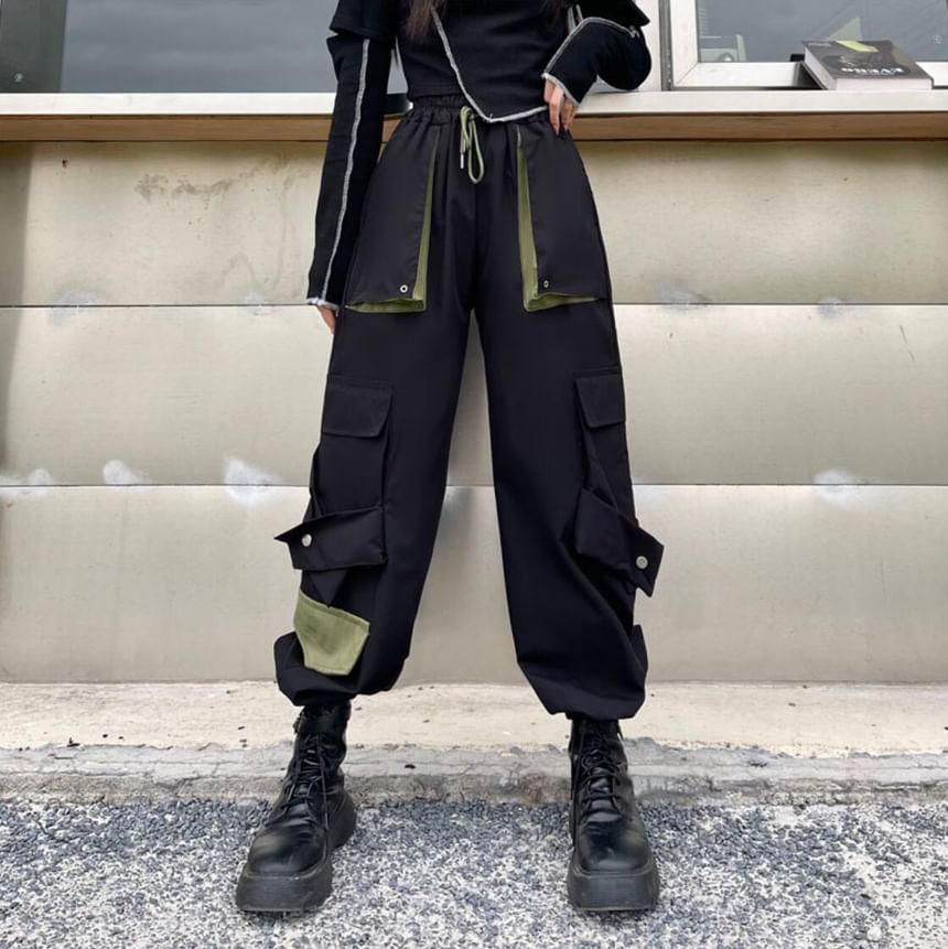 High Waist Two Tone Cropped Harem Cargo Pants