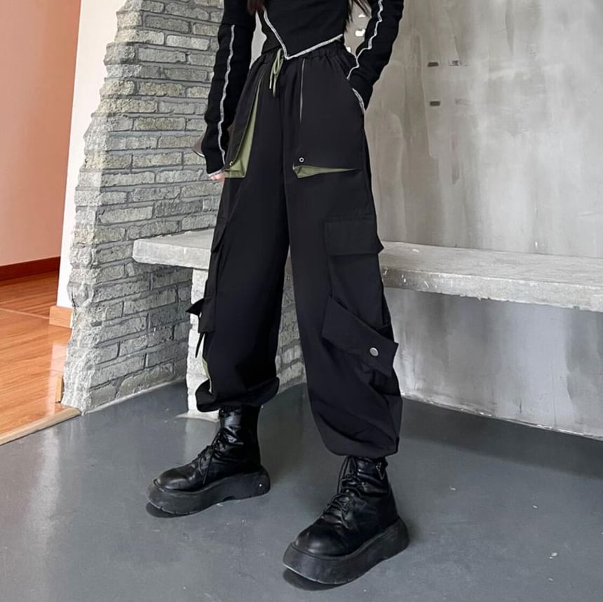 High Waist Two Tone Cropped Harem Cargo Pants