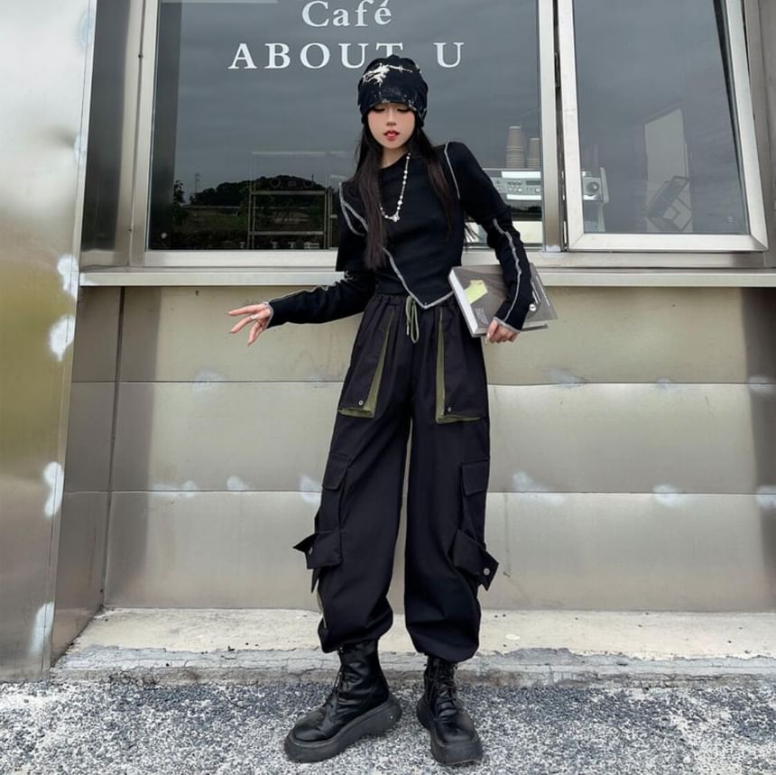 High Waist Two Tone Cropped Harem Cargo Pants