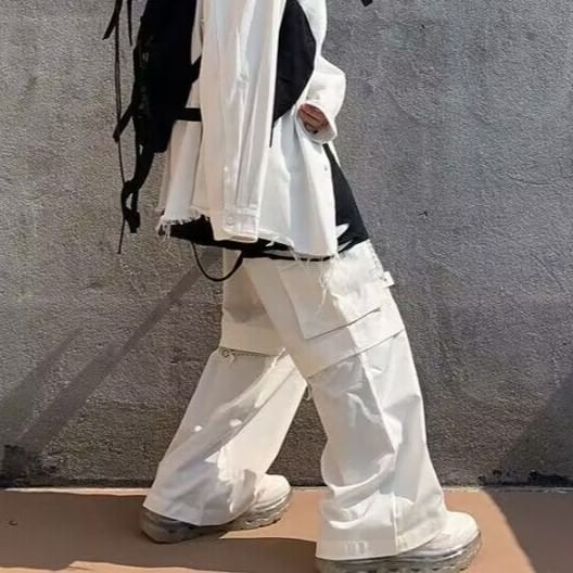 High Waist Plain Baggy Cargo Pants / Chain / Set
