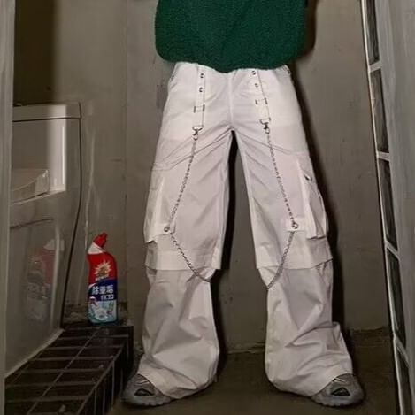 High Waist Plain Baggy Cargo Pants / Chain / Set