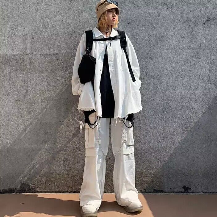 High Waist Plain Baggy Cargo Pants / Chain / Set