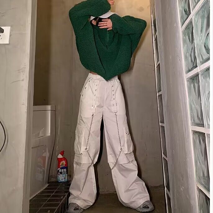 High Waist Plain Baggy Cargo Pants / Chain / Set