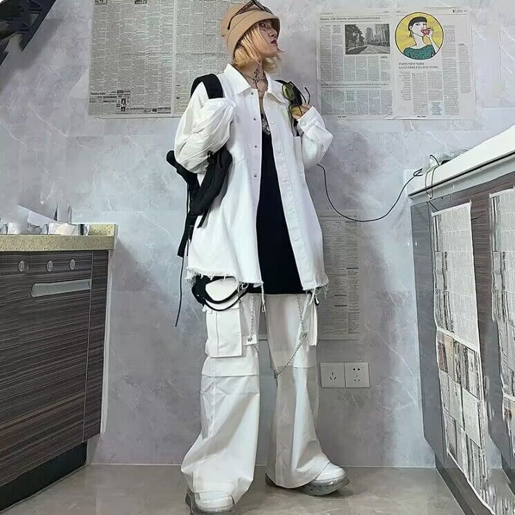 High Waist Plain Baggy Cargo Pants / Chain / Set