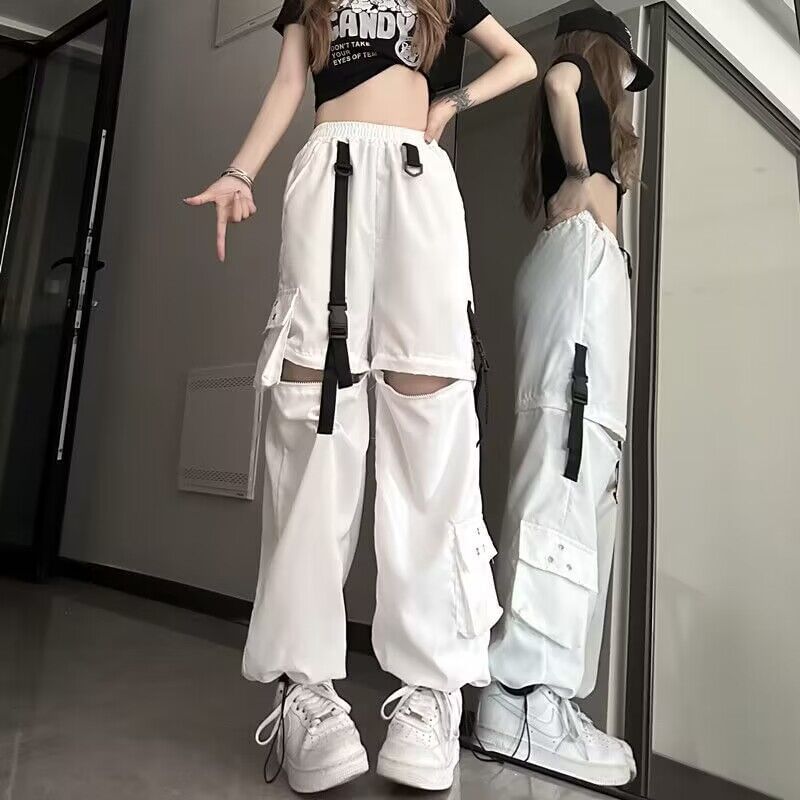 Elastic Waist Plain Cutout Buckled Loose Fit Cargo Pants