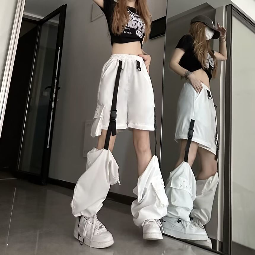 Elastic Waist Plain Cutout Buckled Loose Fit Cargo Pants