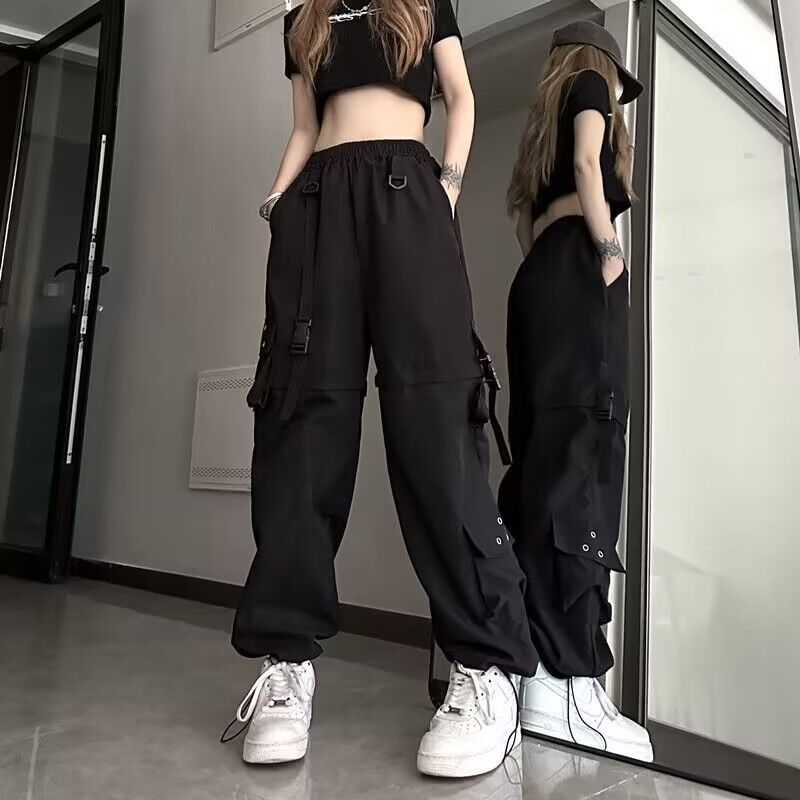 Elastic Waist Plain Cutout Buckled Loose Fit Cargo Pants