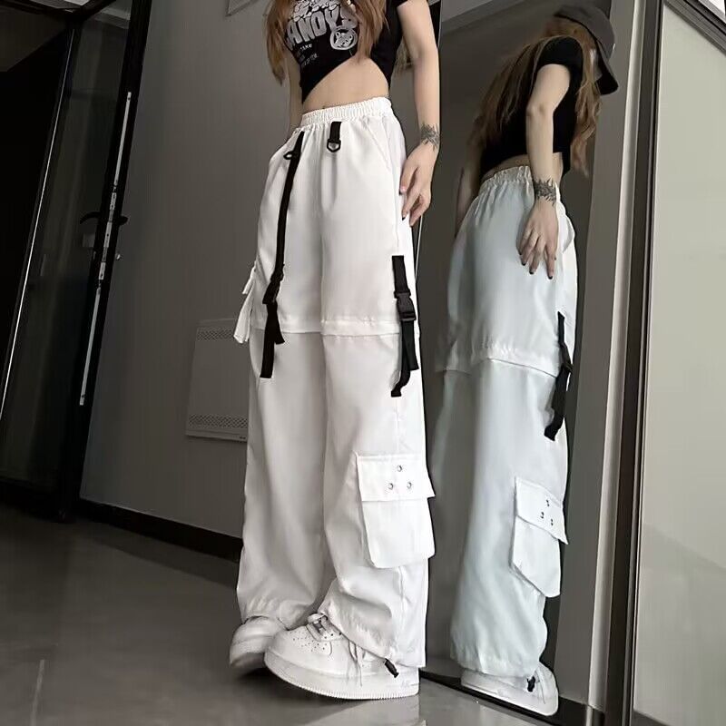 Elastic Waist Plain Cutout Buckled Loose Fit Cargo Pants