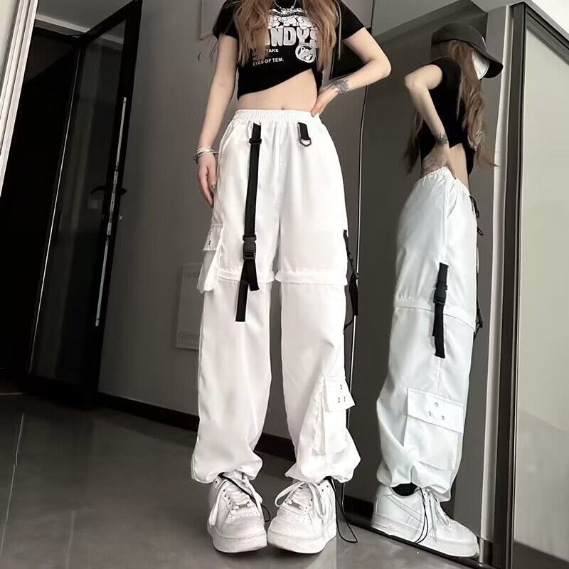Elastic Waist Plain Cutout Buckled Loose Fit Cargo Pants