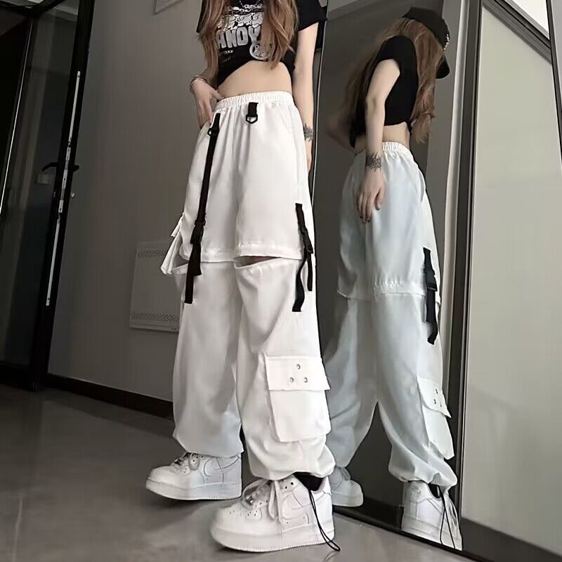 Elastic Waist Plain Cutout Buckled Loose Fit Cargo Pants
