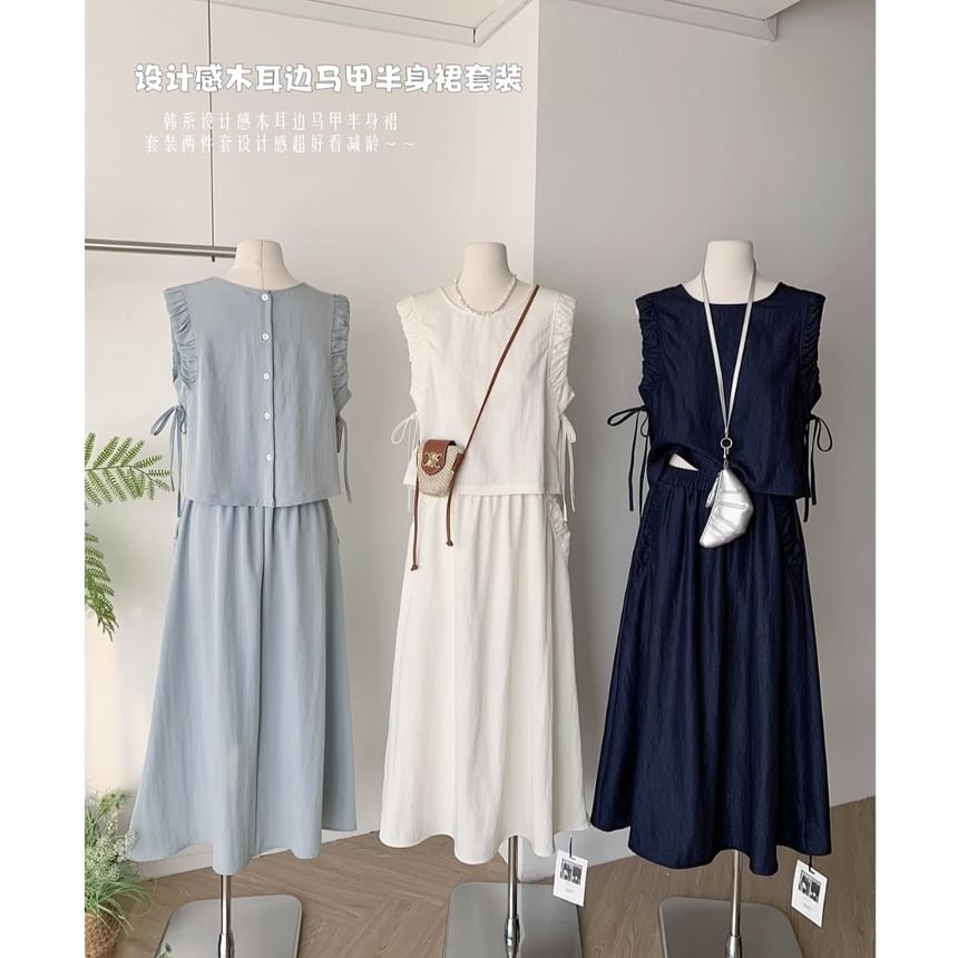 Sleeveless Ruffle-Trim Blouse with Drawstring and Elastic Waist Midi A-Line Skirt Set