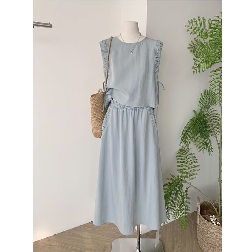 Sleeveless Ruffle-Trim Blouse with Drawstring and Elastic Waist Midi A-Line Skirt Set