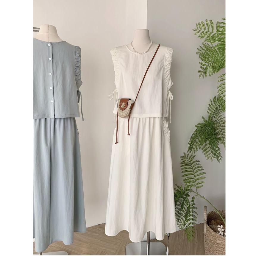 Sleeveless Ruffle-Trim Blouse with Drawstring and Elastic Waist Midi A-Line Skirt Set