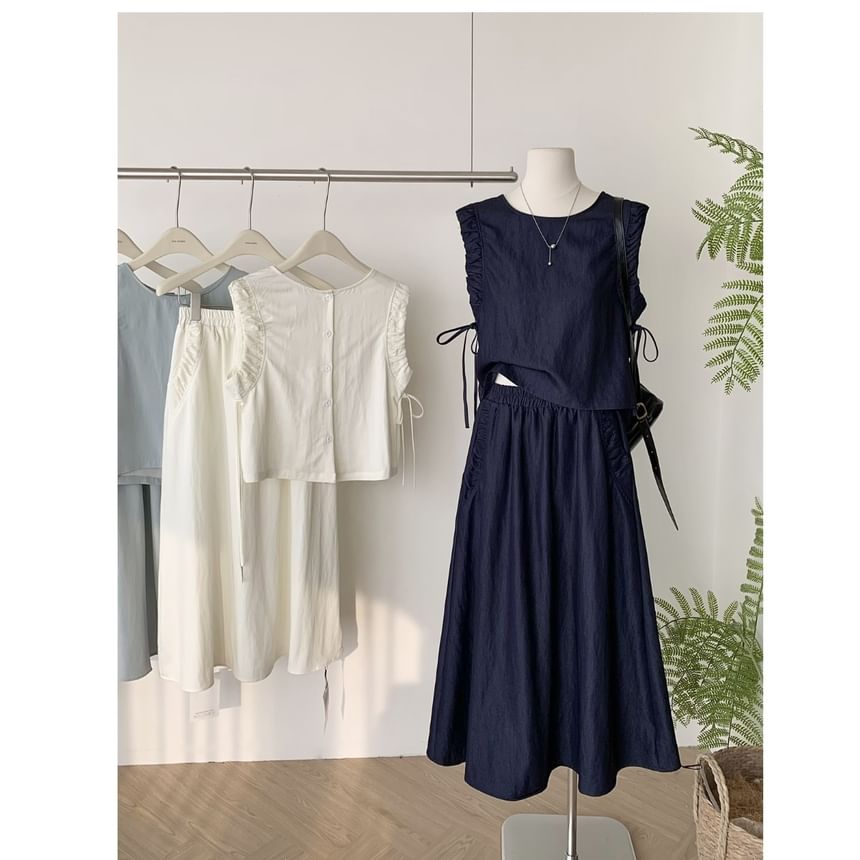 Sleeveless Ruffle-Trim Blouse with Drawstring and Elastic Waist Midi A-Line Skirt Set