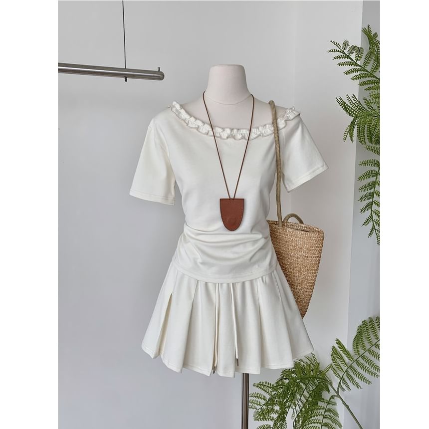 Short-Sleeve Top with Pleated Mini Skirt Set