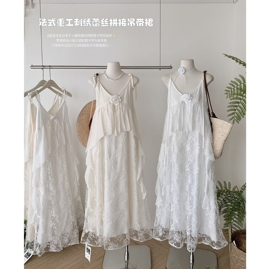 Lace A-Line Maxi Dress - V-Neck Spaghetti Strap