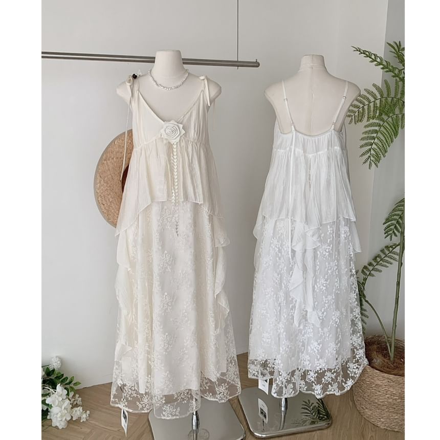 Lace A-Line Maxi Dress - V-Neck Spaghetti Strap