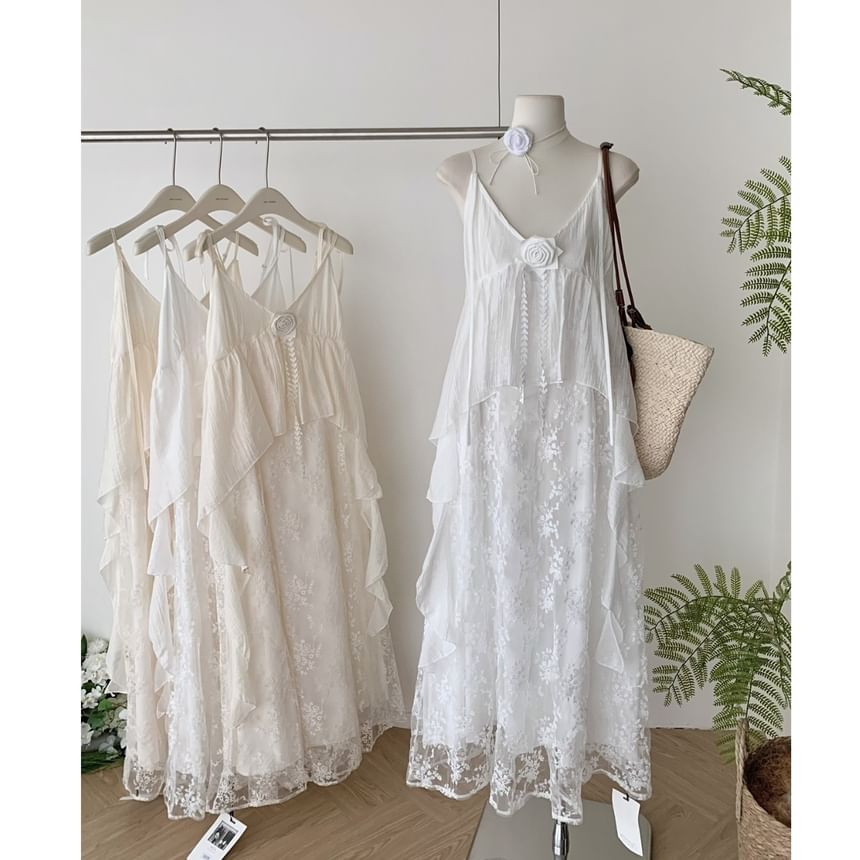 Lace A-Line Maxi Dress - V-Neck Spaghetti Strap