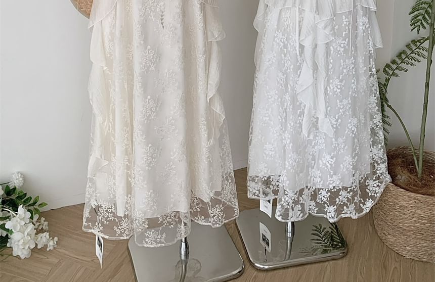 Lace A-Line Maxi Dress - V-Neck Spaghetti Strap