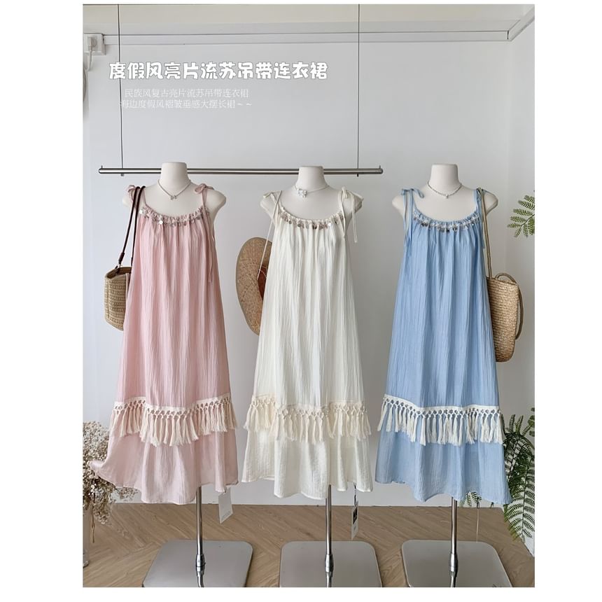 Fringed A-Line Maxi Dress - Sleeveless Plain