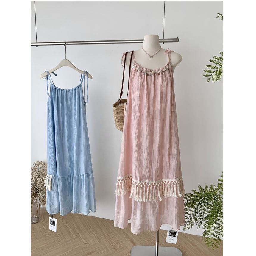Fringed A-Line Maxi Dress - Sleeveless Plain