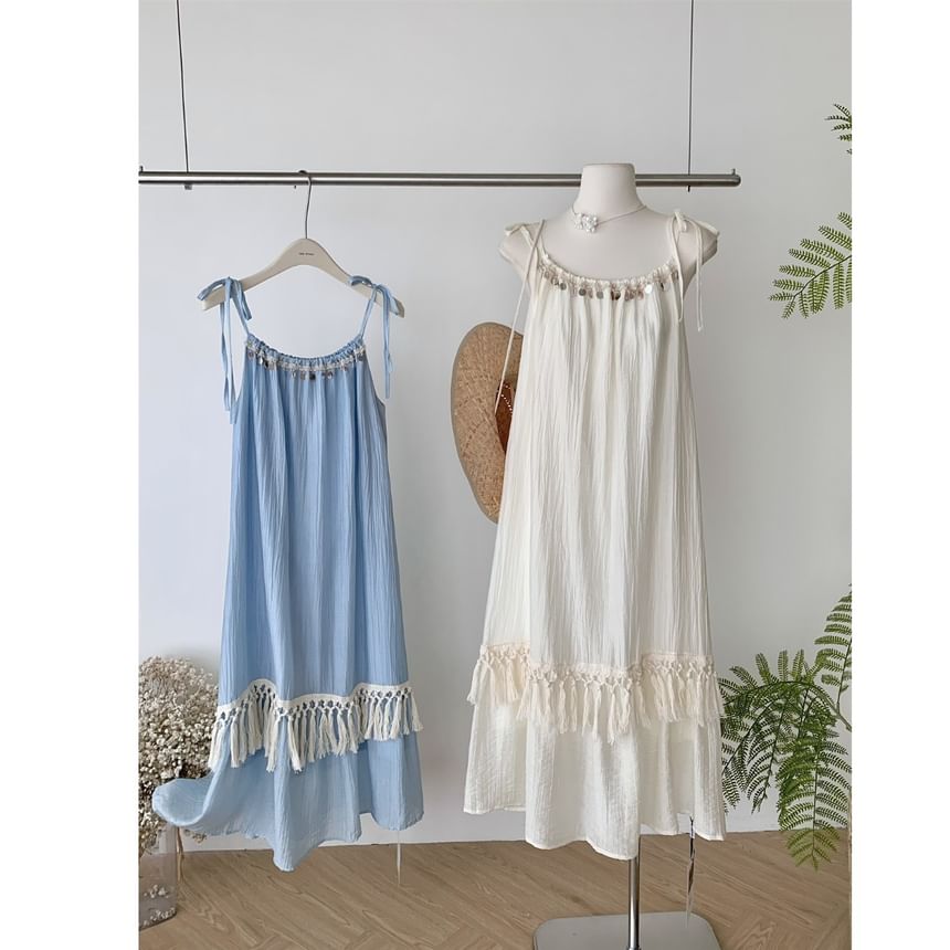 Fringed A-Line Maxi Dress - Sleeveless Plain