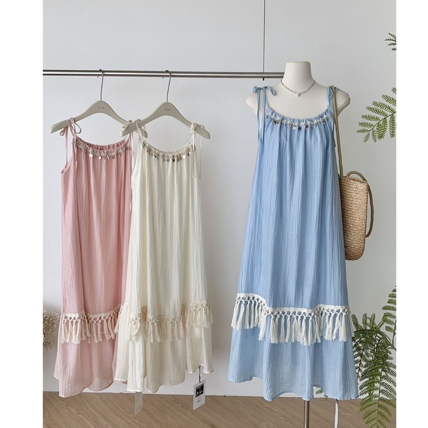 Fringed A-Line Maxi Dress - Sleeveless Plain
