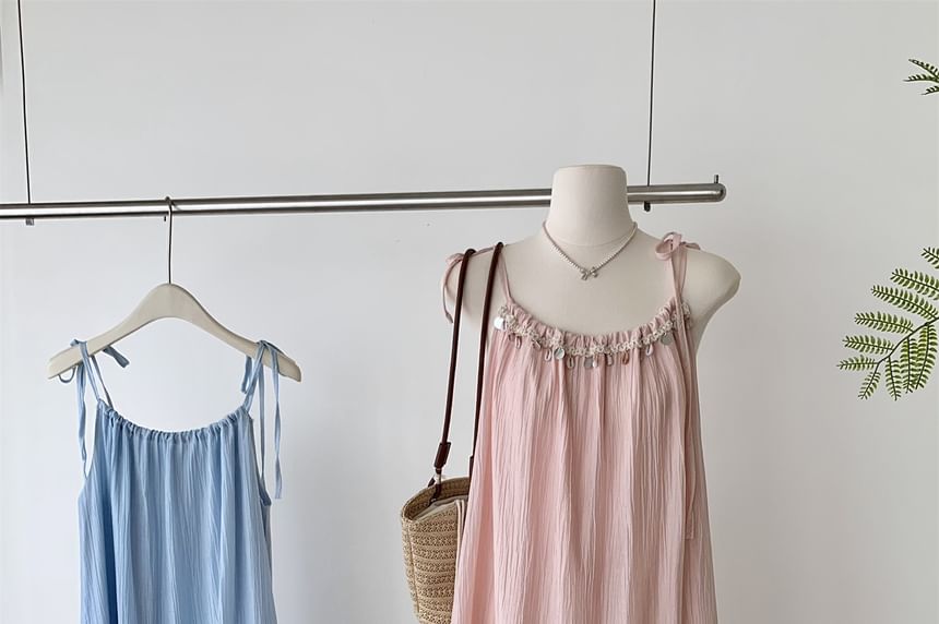 Fringed A-Line Maxi Dress - Sleeveless Plain