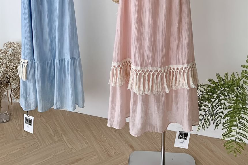 Fringed A-Line Maxi Dress - Sleeveless Plain