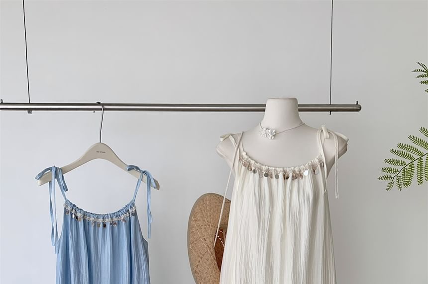 Fringed A-Line Maxi Dress - Sleeveless Plain