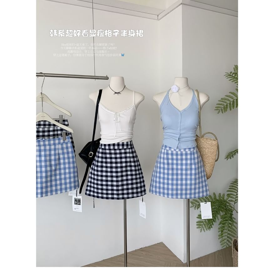 Plaid Mini A-Line Skirt with High Rise