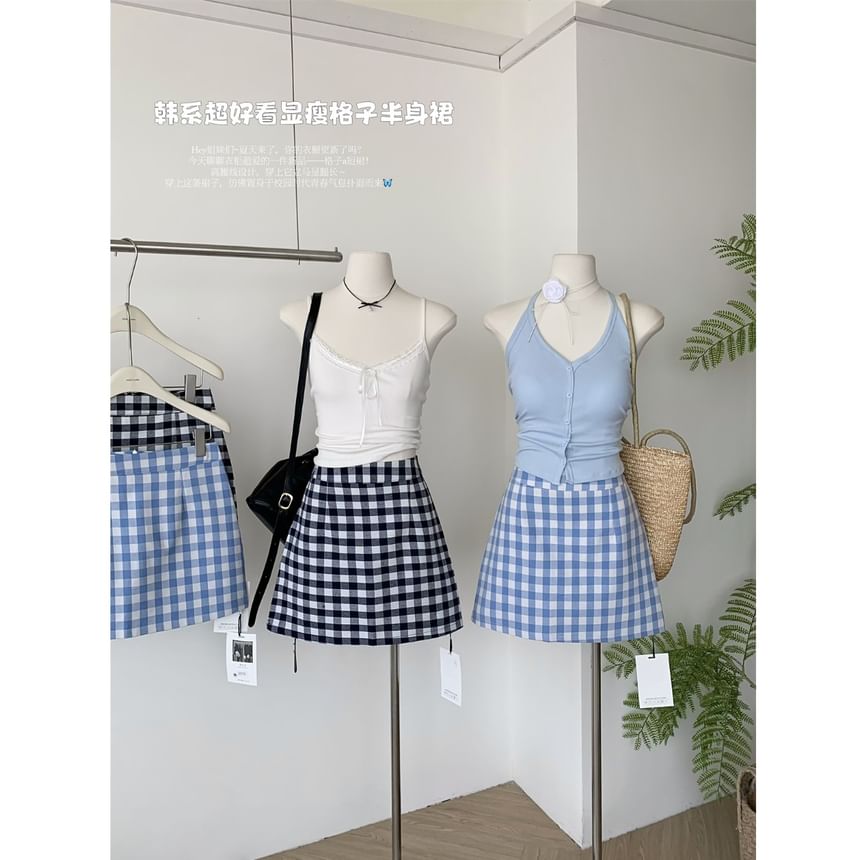 Plaid Mini A-Line Skirt with High Rise