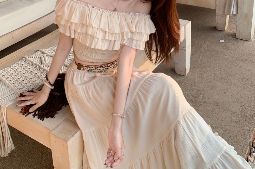Off-Shoulder Crop Top with Ruffled Sleeves and Maxi Skirt Set