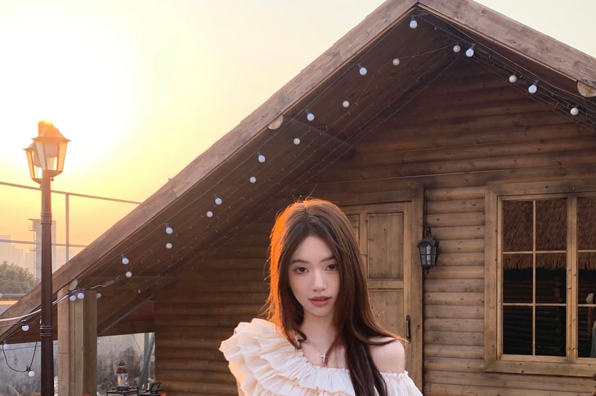 Off-Shoulder Crop Top with Ruffled Sleeves and Maxi Skirt Set