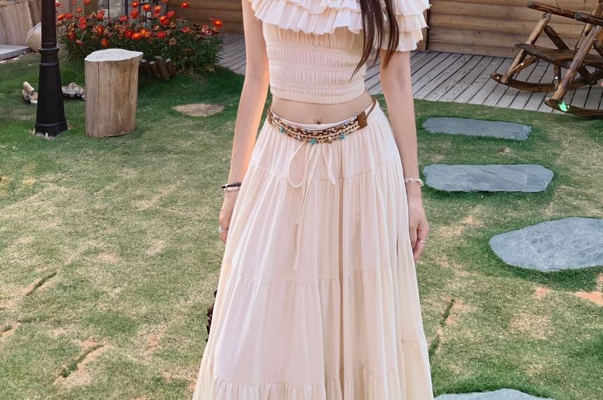 Off-Shoulder Crop Top with Ruffled Sleeves and Maxi Skirt Set