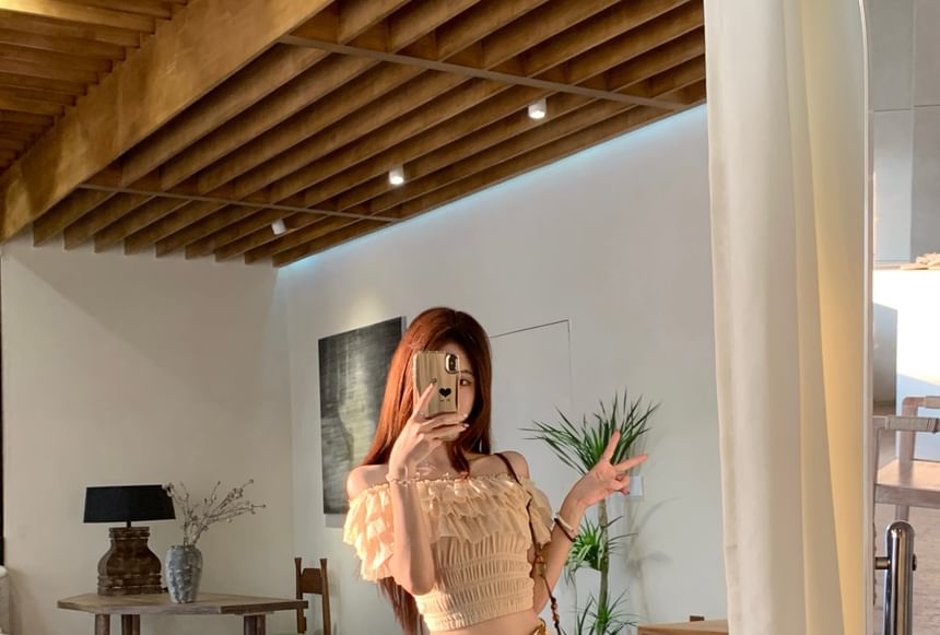 Off-Shoulder Crop Top with Ruffled Sleeves and Maxi Skirt Set