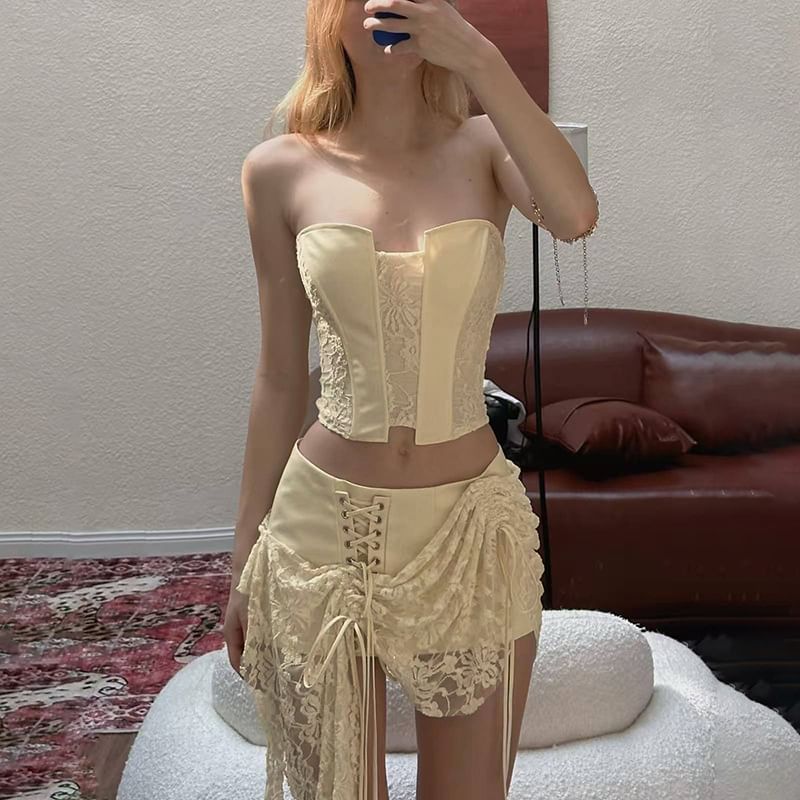 Lace Panel Tube Top with Asymmetric Mini Skirt