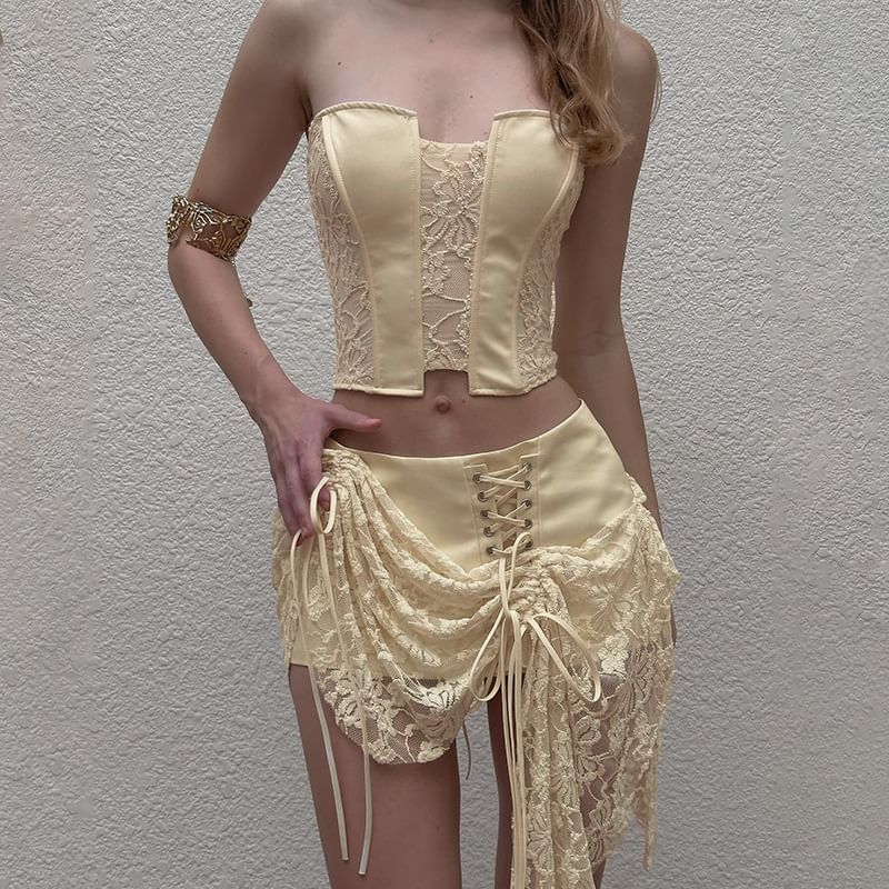 Lace Panel Tube Top with Asymmetric Mini Skirt