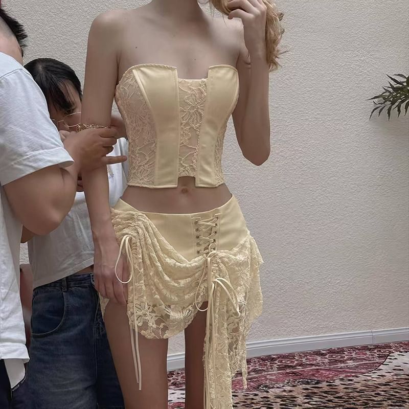 Lace Panel Tube Top with Asymmetric Mini Skirt