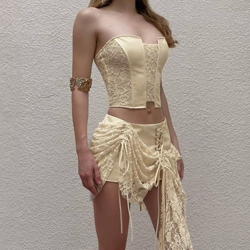 Lace Panel Tube Top with Asymmetric Mini Skirt